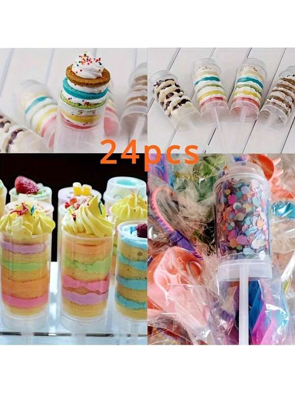 6/12/24pcs, Cake Push Mold, Plastic Food Container With Food Push Rod, Lollipop Mold, Circular Push Rod Cake Cup With Lid, Pushable Cake Holder, Baking Tool, Suitable For Home Kitchen Baking Parties, Diy Baking Supplies, Baking Accessories