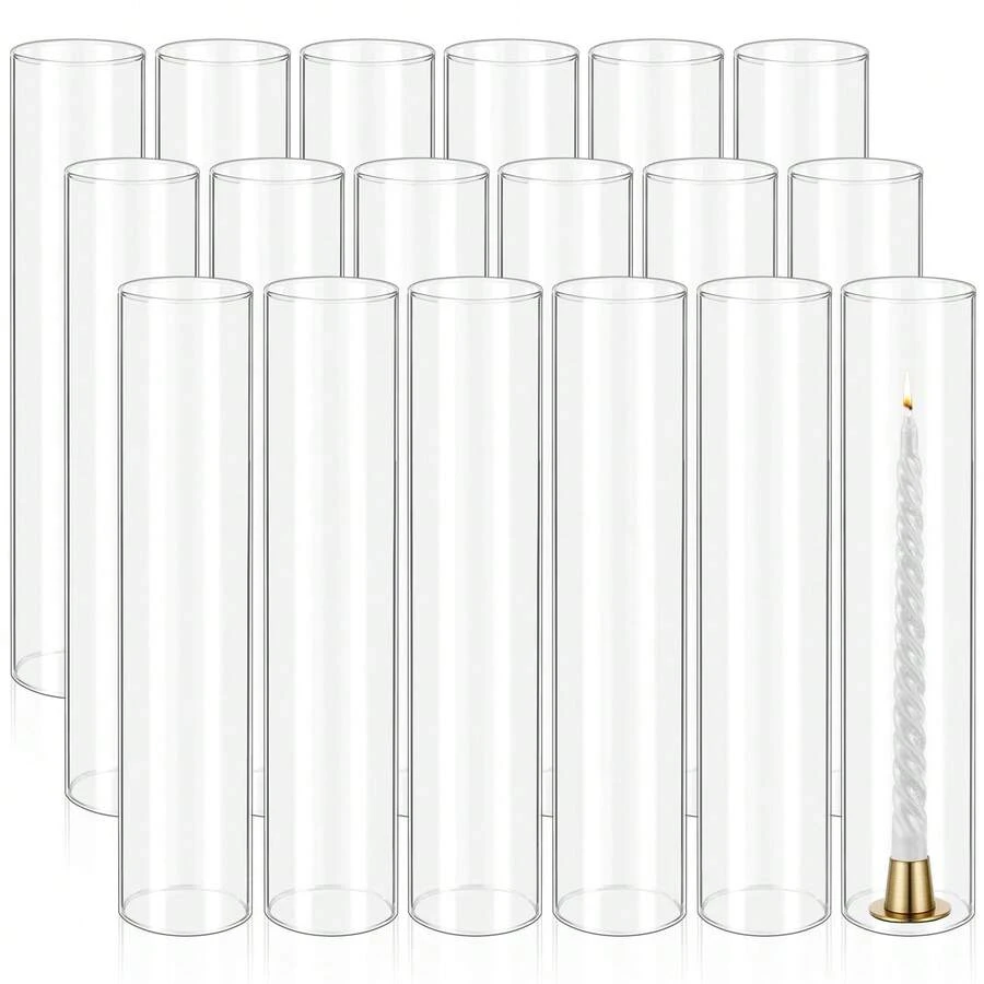 REWOMC 18 Pcs Hurricane Candle Holder Sleeve, Bottomless Glass Cylinder Candleholder Tall Clear Glass Cylinder Open Both Ends, Chimney Tube Cover, Open Ended Candle Shade - 18PCS 3*14 INCH - 查看 1