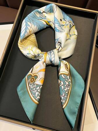 1 件花卉印花人造丝 70 厘米方形围巾，女士时尚头巾、腰带、发饰，春夏新品