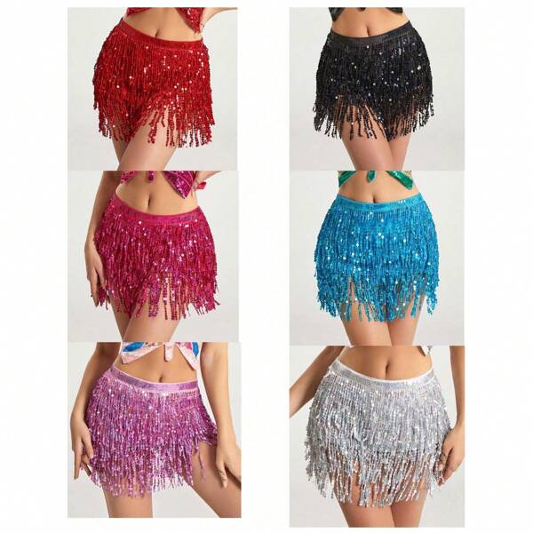 1 Pieza Cadena de cintura con 3 flecos tipo danza del vientre de Halloween, falda tipo bufanda bohemia para la cadera. Nuevo chal para la cintura brillante. Faja (El empaque exterior del producto se envía al azar). Color del producto se enviará