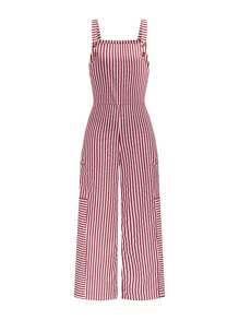 Women's Casual Square Neck Striped Patchwork Long Jumpsuit With Suspenders