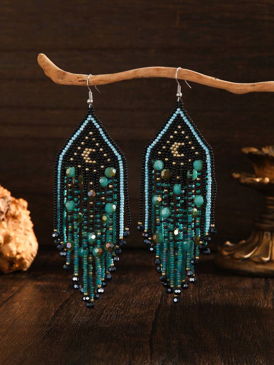 SOUL BEADING 手工波西米亚串珠耳环，复古哥特风格，饰以星月图案，点缀人造水晶，流苏吊坠摇曳生姿，米珠编织而成，百搭日常及节日佩戴，是馈赠佳品。 - 手工串珠耳環 - 查看 1