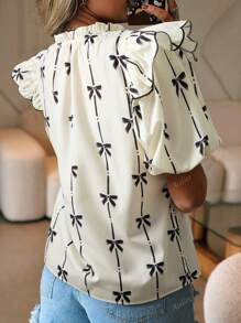 Acelitt Blusa con scollo a V arricciata con ruches, maniche a palloncino, decorata con fiocco e stampa, colore beige