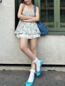 Women Floral Print Tube Top Cute Bow Tie Pleated Ruffle Hem Strapless Tank Shirt Summer Loose Fit Flowy Bustier Top - 綠色 - 查看 10