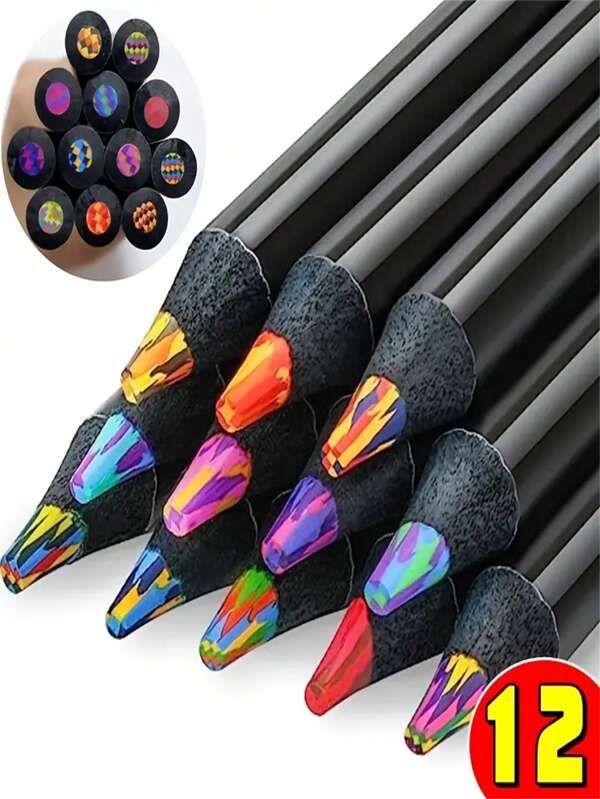 10pcs/Set 12-Color Rainbow Lead Pencils, Black Wooden Body Sketching Tools, Student Gifts, Stationery, Office Supplies