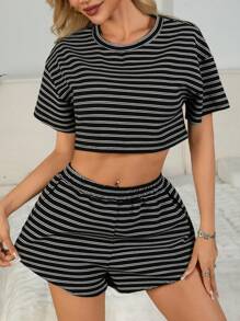 2pcs Women Summer Casual Sports Soft Knit Striped Crew Neck Top And Elastic Waist Side Slit Shorts Set, Comfortable Home Wear & Outerwear