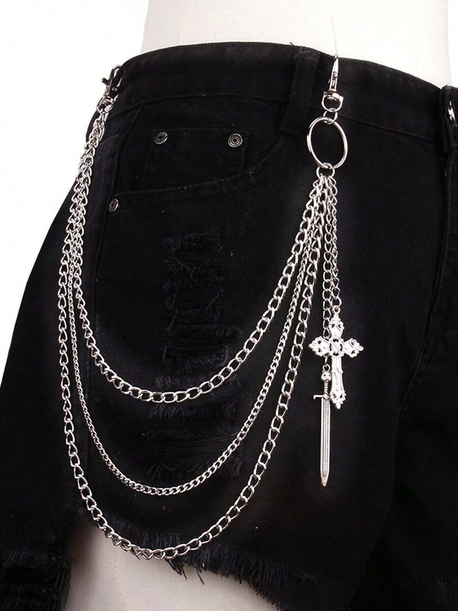 [Versatile Geometric Cross Trouser Trim] Geometric Multi-Layered Chain Cut-Out Cross Trouser Chain Versatile Sword Pendant Trouser Trim - Silver - View 1
