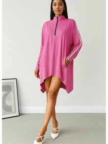 Top mujer manga larga cuello tortuga zipper holgado ligero asimétrico largo cómodo rayas varios colores deportivo casual caída - Rosa - Ver 2