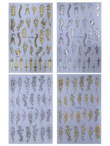 4pcs Y2K Futuristic Punk Style Line Nail Stickers, 3D Golden & Silvery Sparkling Thorn Vine Curves, Swords, Scorpion Design Nail Decals For Women DIY Nail Art Decoration - Multicolor - View 2