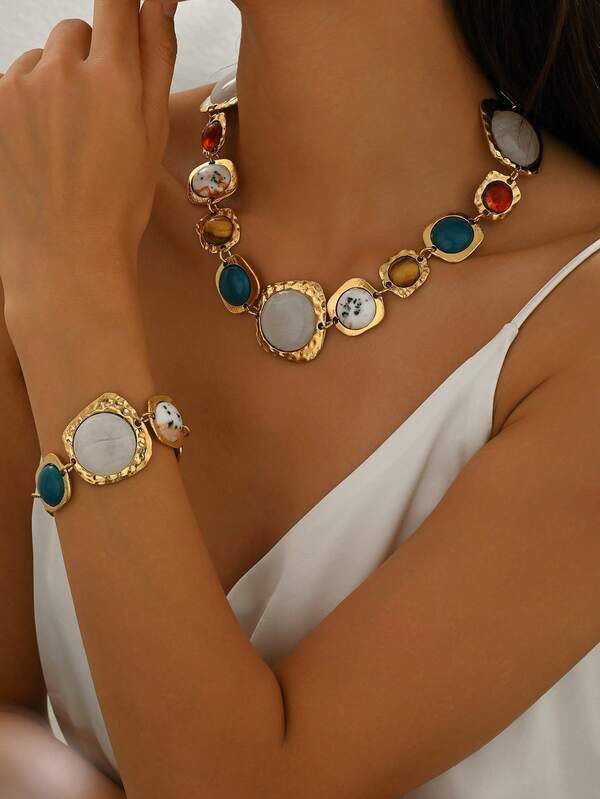 1 Set Of 2pcs Vintage Exaggerated Fashion Asymmetric Faux Gemstone Necklace And Bracelet Set, Baroque Style French Luxury Geometric Necklace And Bracelet Set In Gold/Silver Color, Suitable For Women's Daily, Party, Event Wear (Stone Color And Position Random)