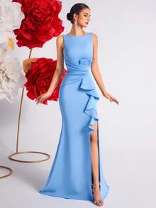 Elisanya Vestido de fiesta, formal y de novia con corte alto, volantes, abertura y espalda descubierta, en unicolor - Celeste - Ver 3