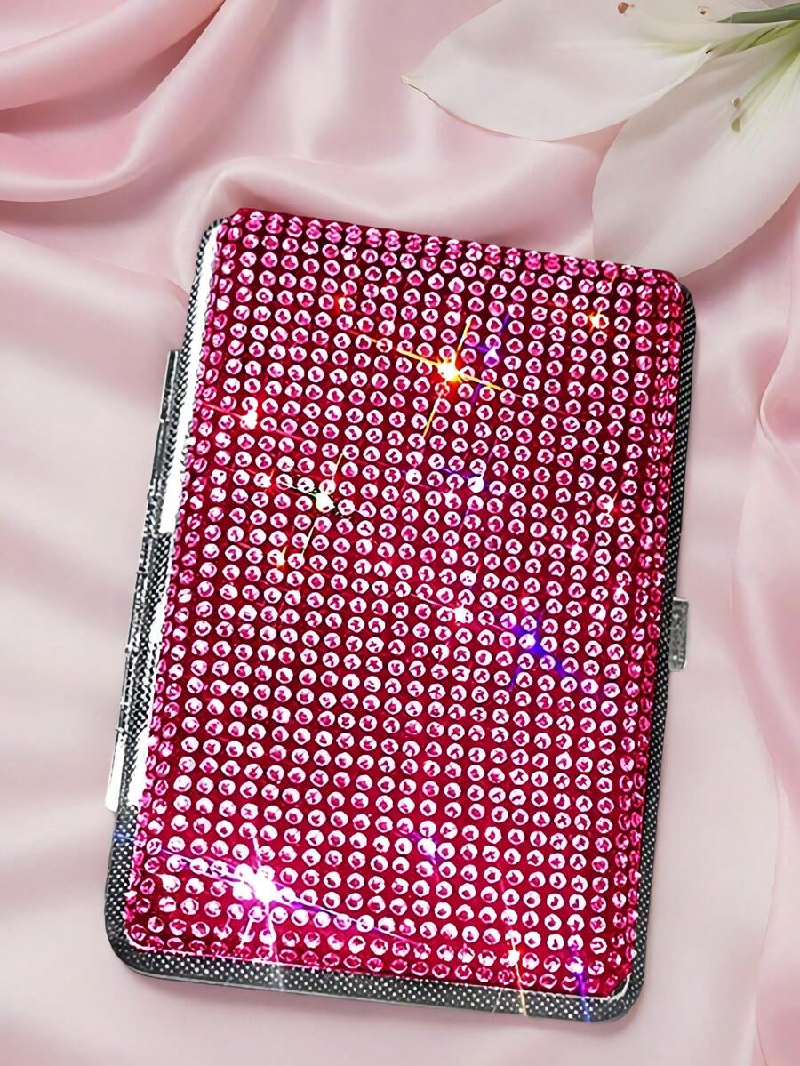 1PC Women's Rhinestone-Studded Cigarette Box, Glittering Rhinestone-Studded Long Cigarette Box, Rhinestone-Studded Cigarettes Box, Elegant Women's Cigarette Box, Smoking Accessories, Cigarette Storage, Cigarette Holder Case - Multicolor - View 1