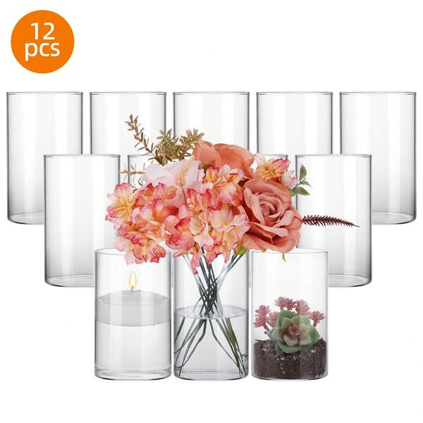 Superlele 12pcs Glass Cylinder Vases For Centerpieces, Flower Vases Wedding Decorations, 6 Inch Tall Glass Hurricane Candle Holder For Table Shelf, Floral Vase Bulk For Home Decor