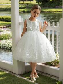 Váy công chúa thanh lịch ren, ngọc trai và lưới trang trí hoa cho bé gái, thích hợp cho tiệc sinh nhật, tiệc, vũ hội, các dịp lễ, phù dâu, đám cưới - trắng - Xem 1