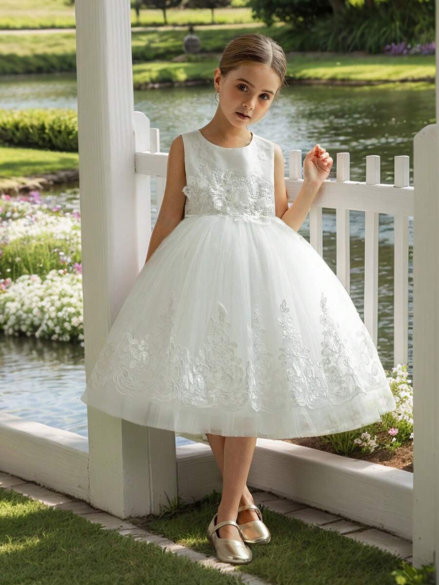 Váy công chúa thanh lịch ren, ngọc trai và lưới trang trí hoa cho bé gái, thích hợp cho tiệc sinh nhật, tiệc, vũ hội, các dịp lễ, phù dâu, đám cưới - trắng - Xem 1
