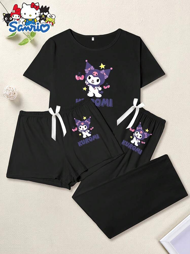 Sanrio 산리오 쿠로미 3종 세트 여성 카툰 캐주얼 - 영 캐주얼 - 여성 캐주얼 우아한 쿠로미 반바지, 티셔츠, 팬츠 파자마 세트