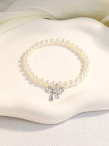 1 pieza Elegante y de moda brazalete con lazo con perla artificial en forma de corazón, adecuado para uso diario o boda