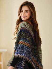 1pc Women's Fashion Multi-Color Wavy Pattern Bohemian Style Knitted Windproof Warm Tassel Shawl Poncho, Suitable For Daily, Travel, Shopping Outings (May Have A Stimulating Odor, Which Is Normal. After Receiving, Can Be Aired Outside) For Dress - Multicolor - View 2