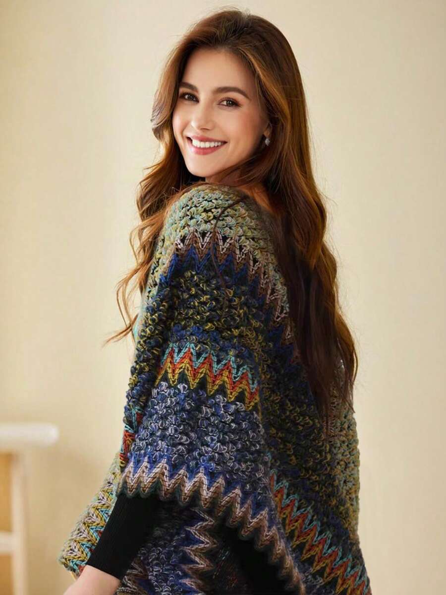 1pc Women's Fashion Multi-Color Wavy Pattern Bohemian Style Knitted Windproof Warm Tassel Shawl Poncho, Suitable For Daily, Travel, Shopping Outings (May Have A Stimulating Odor, Which Is Normal. After Receiving, Can Be Aired Outside) For Dress