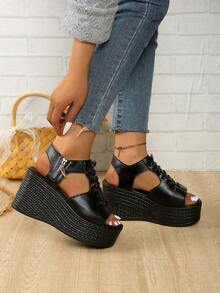 女士高跟露趾凉鞋，休闲舒适罗马风格厚底沙滩凉鞋，夏季时尚坡跟凉鞋