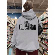 Local Delivery-Cozy Gray Polyester Sweatshirt With Horse And Rider Print, Long Sleeves, Knit Fabric, Machine Washable, Cozy Clothing|Hooded Sweatshirt|Nonstretch Material,Women's Plus Size Equestrian Hoodie - - 灰色 - 查看 2