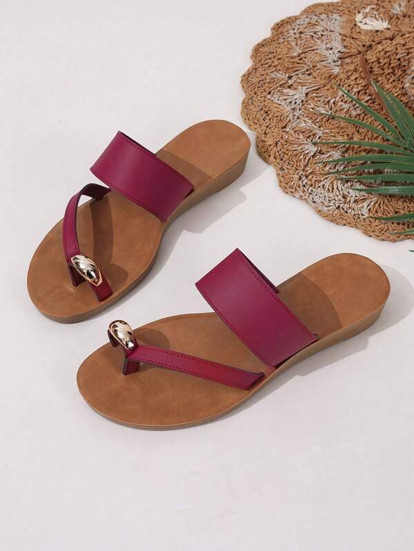 Slip-In Strap Solid Color Bohemian Sequin Low Wedge Sandals, Suitable For Indoor Home & Outdoor, Summer