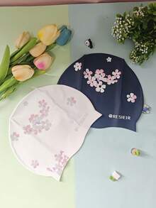 2 قطعة قبعات سباحة سيليكون للكبار بطباعة أزياء مكبرة مقاومة للماء، قبعات سباحة مطاطية للنساء واكسسوارات السباحة - متعدد الألوان - مشاهدة 2