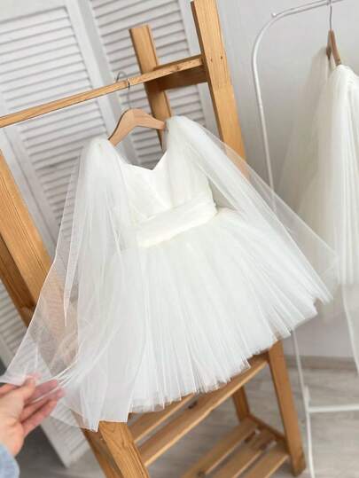 Baby Girls Sleeveless White Net Yarn Elegant Princess Dress, Suitable For Baby's 1st Birthday Gift, Party, Evening Banquet, Festival Celebration