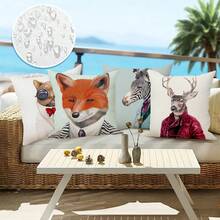 1 件/4 件户外狐狸、鹿、斑马、熊印花防水防尘亚麻抱枕套，17.7*17.7 英寸/45x45 厘米 - 彩色 - 查看 1