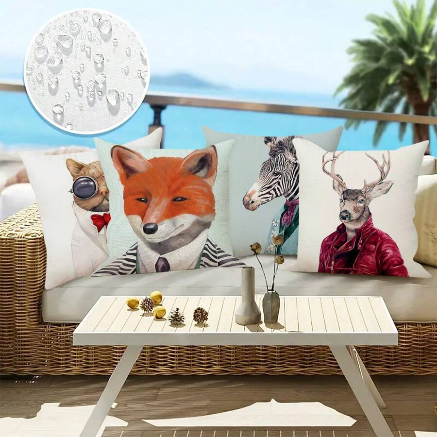 1 件/4 件户外狐狸、鹿、斑马、熊印花防水防尘亚麻抱枕套，17.7*17.7 英寸/45x45 厘米 - 彩色 - 查看 1