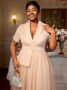 Khaki Turn-Down Collar Short Sleeve Peplum Patchwork Mesh A-Line Dress Business Party