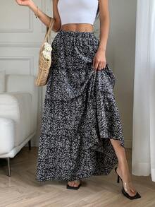 European & American Style High Waist Elastic Waist Patchwork Print Long Flared A-Line Skirt - Black - View 4