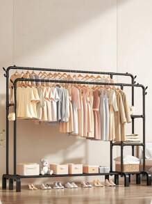 1PC Freestanding Hanger Double Pole Multi-Functional Bedroom Clothing Rack,Metal Clothes Hanger Organizer And Black Clothes Stand With Wheels