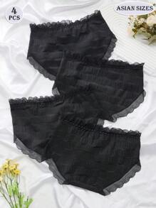 4PCS Women's Briefs, Seersucker Style, Comfortable, Soft, Sexy, Bow Design, Lace, Wavy Lace, Cute, Sweet Black Shorts, Bottom, Crotch, Lingerie, Summer Vacation