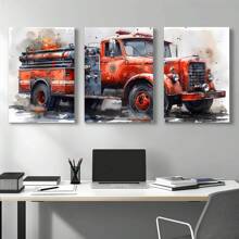 Set Of 3 Watercolor Fire Truck Wall Art Canvas Painting, Vintage Fire Truck Poster Print With Frame, Suitable For Modern Home Dining Room, Kitchen, Living Room, Bathroom, Apartment, B&B, Hallway, Studio, Kids Room, Nursery, Kindergarten, Classroom, Villa, Gallery, Nursery, Study, Home Office Decoration Ready To Hang ,Wall Art With Frame