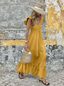 Vestido largo elegante con mangas de vuelo de diseño amplio, de unicolor, cómodo y casual, para vacaciones y días festivos para mujeres