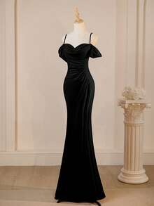 Elegante vestido largo entallado con hombros descubiertos, vestido de noche formal - Negro - Ver 6