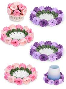 1 Conjunto Kit de Crochê para Iniciantes - 4 Peças Kit de Crochê de Porta-Copos e Vaso de Flores, Kit Iniciante de Crochê de Porta-Copos com Fios de Crochê, Ganchos, Tutoriais em Vídeo Fáceis para Crochê para Escritório, Mesa de Café, Decoração do Lar