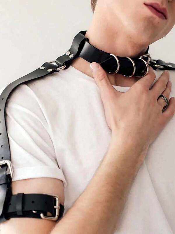Men's Fashion Black Pu Leather Shoulder Strap Vest, Gothic Armband Arm Bandage Men's Shoulder Bandage, Adjustable Men Accessories, Valentine's Day Gift