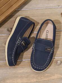 Boys' Navy Blue Loafers With Fashionable Simple Buttons, Lightweight And Comfortable Kids' Shoes Suitable For Spring, School And Walking (Size 21-25 Runs Small, Recommend Ordering One Size Up) - Blue - View 5