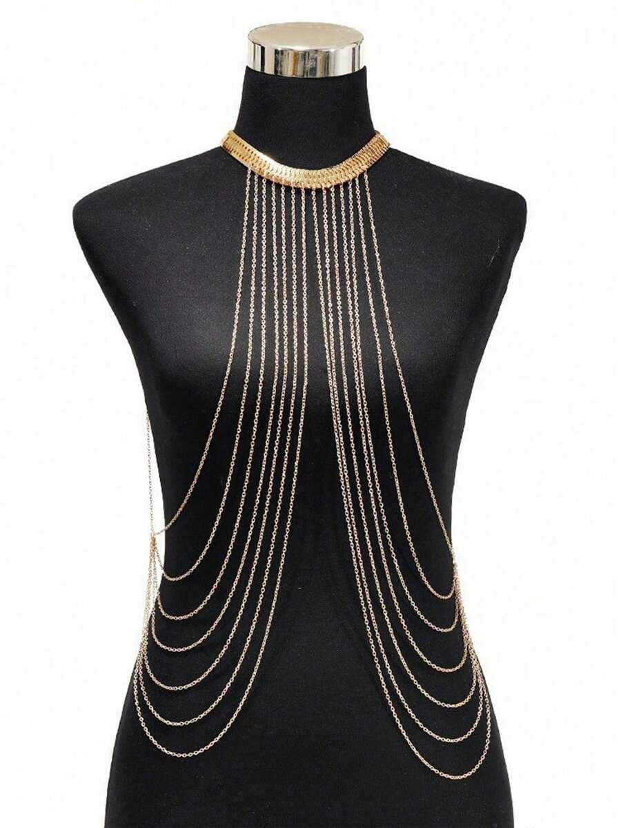 1pc Women's Fashionable Alloy Multi-Layer Tassel Body Chain, Sexy Beach Accessory - Gold - View 1