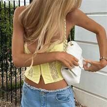 Women Sexy Y2K V Neck Lace Patchwork Cami Shirt Cute Slim Fit Sleeveless Spaghetti Strap Going Out Camisole Tank Summer Basic Cami Tops Streetwear - Màu vàng - Xem 3