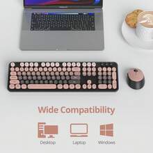 Wireless Keyboard And Mouse Set, Cute Keyboard And Mouse Combo, Full Size Typewriter Keyboard With Number Pad, Colorful Keyboard With Round Keycaps For Windows PC Laptop - Pink - View 5