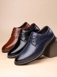 1 Pair Men's British Style Comfortable Casual Pointed Toe Lace-Up Breathable Leather Shoes, New Fashion Versatile Soft Bottom Dress Shoes, Black, Blue, Brown Colors