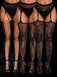 1/2/3 双加大码女式吊带渔网袜、弹力曲线紧身裤、春夏季性感黑色连裤袜、提花镂空火焰哥特式紧身裤、适合万圣节的 Y2K 袜子 - 黑色 - 查看 14