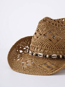 1 件棕色镂空草编太阳帽，男女通用牛仔帽，适合户外休闲、沙滩、度假 - 棕色 - 查看 2