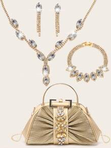 Conjunto de joyería de lujo con rhinestones para dama - Incluye collar, aretes, pulsera - Elegante bolso de mano de PU dorado con detalles de rhinestones - Joya personalizada elegante para damas, ideal para fiestas, bodas y eventos.