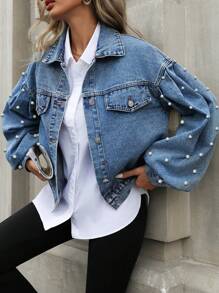 Mobula Sound Brand Women Casual Loose Pearl Decor Denim Jacket, Versatile Fashion For Daily, Party, Travel, Airport All-Matching, Spring/Summer