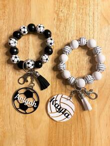 1pc Custom Sports Wristlet Bracelet Keychains, Customizable With Name, Personalized Wood Beads Sports Print Soccer Bracelet Keychains, Acrylic Print Volleyball Sports Wristlet Bracelet Keychain, Sports Wristlet Soccer/Volleyball/Basketball/Baseball