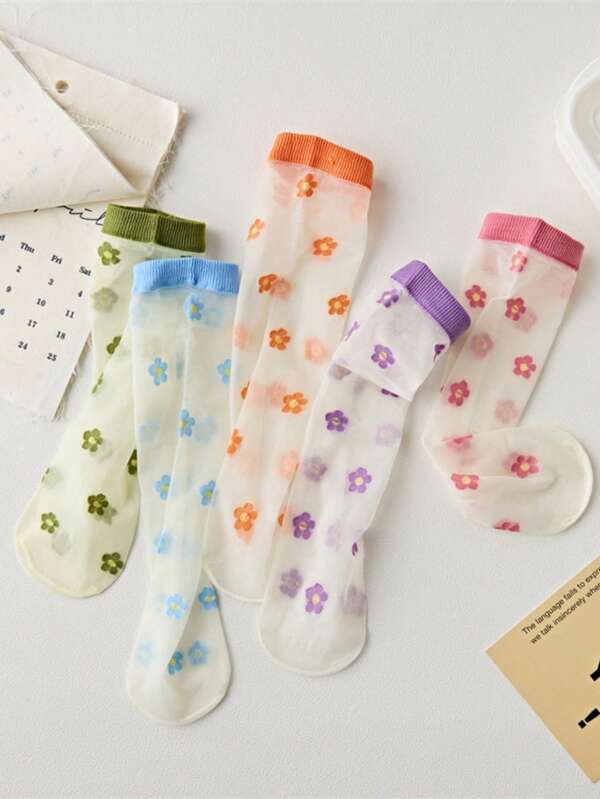1/5 Pairs Random Color Women Sheer Lace Floral Mid-Calf Socks, Thin Glass Silk Socks For Spring & Summer, Cute Fruit Design For Daily Outfit